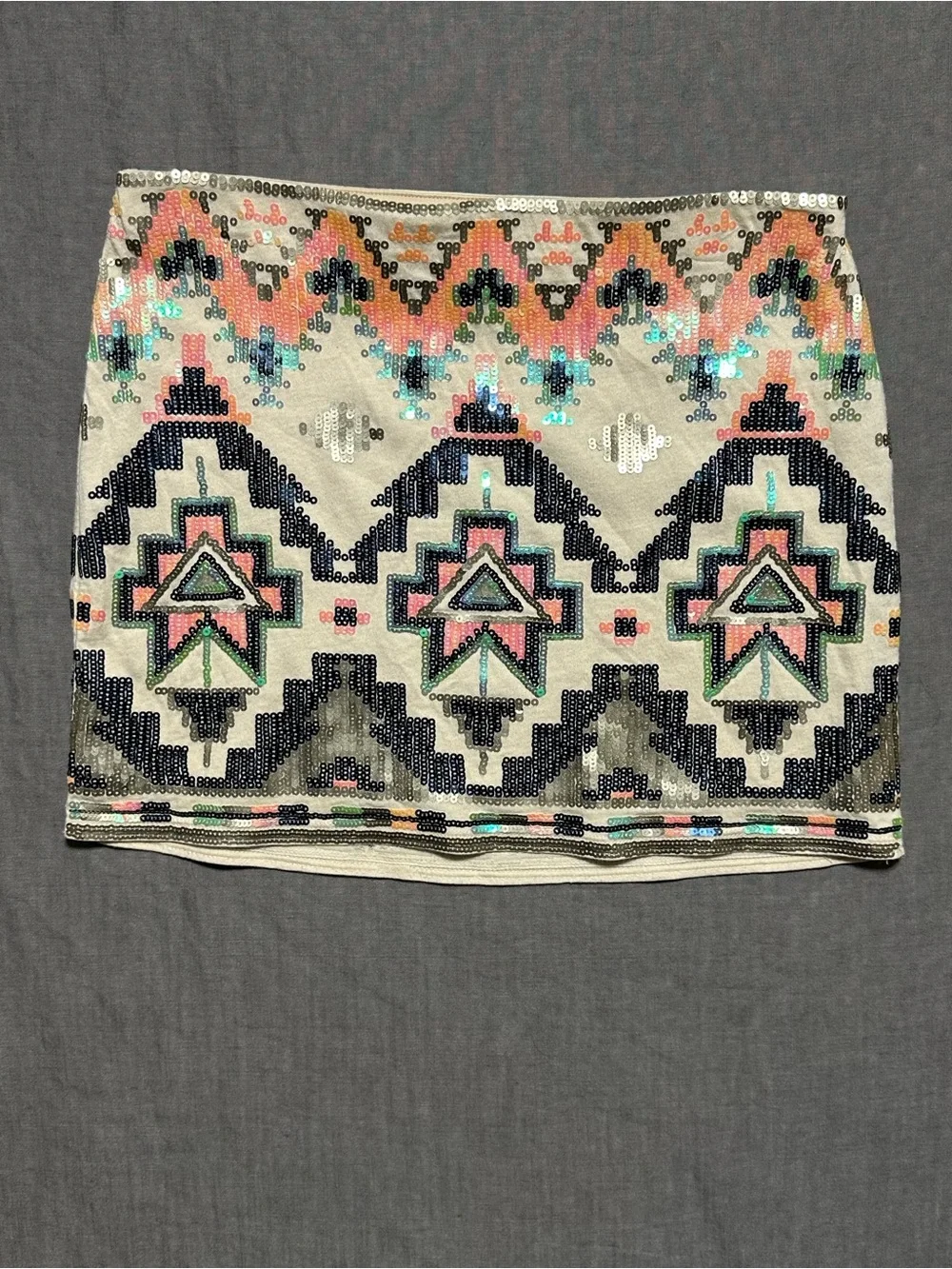 Express Sequin Aztec Mini Skirt in Cream, Black, Pink and Teal